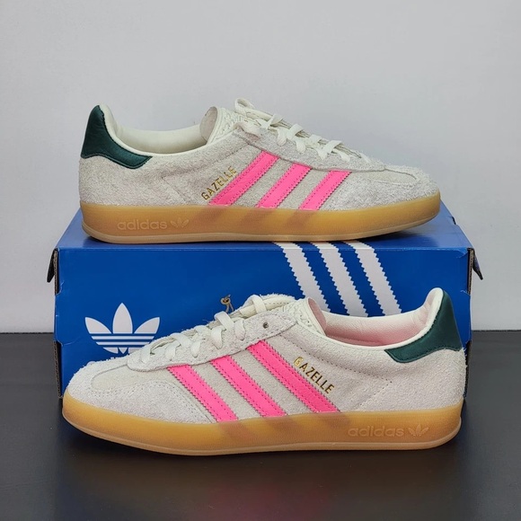Women's Adidas Gazelle Indoor Shoes - Off White Beige Lucid Pink JQ1096 - Picture 8 of 12